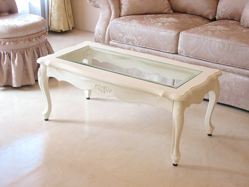 ラ・シェル センターテーブル ガラストップ 薔薇の彫刻 ホワイト色 W100×D50×H40