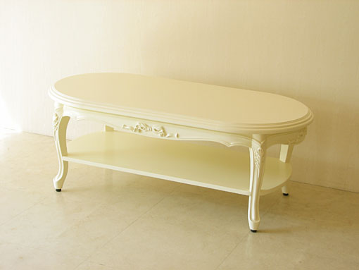 センターテーブル オーバル 収納棚付き オードリーリボンの彫刻 ホワイト色