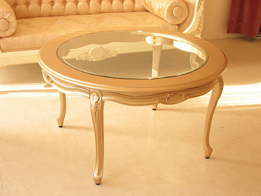 センターテーブル ラウンド ガラストップ オードリーリボンの彫刻 ゴールド色｜センターテーブル｜輸入家具・プリンセス家具/姫家具オーダーなら