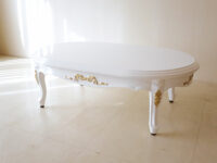 ラ・シェル センターテーブル オーバル W100cm オードリーリボンの彫刻 スーパーホワイトグロス色 ゴールドの彩色