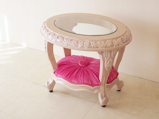 センターテーブル オーバル W60cm ロココスタイル ピンクベージュ色 ガラストップ 布張り ショッキングピンクベルベットの張り地
