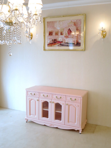 TVボード W120×H70 薔薇の彫刻 バービーピンク色