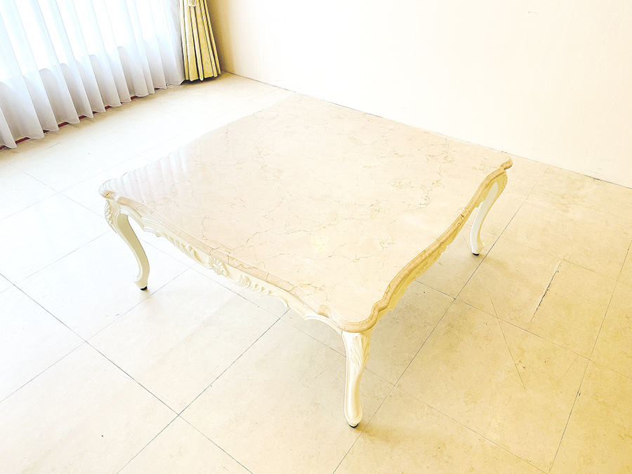 ラ・シェル センターテーブル 100×100cm ホワイト色 クリームベージュ 大理石天板