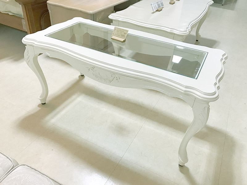 アウトレット センターテーブル W100 ガラストップ ホワイト色 リボン＆ローズの彫刻