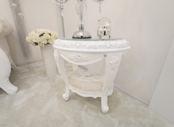 サイドテーブル ロココスタイル 薔薇の彫刻 ガラストップ スーパーホワイト色 ホワイトベルベットの張地