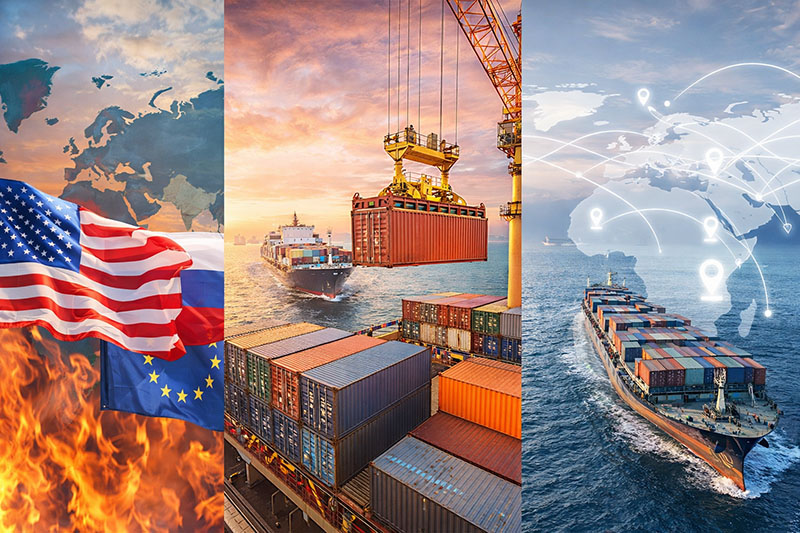 世界情勢と海上輸送リスクを表現したコンテナ船と物流イメージ