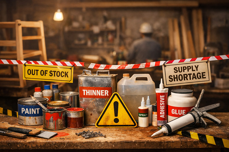 塗料・シンナー・接着剤の供給不足により家具製造や塗装現場が停止リスクに直面している様子